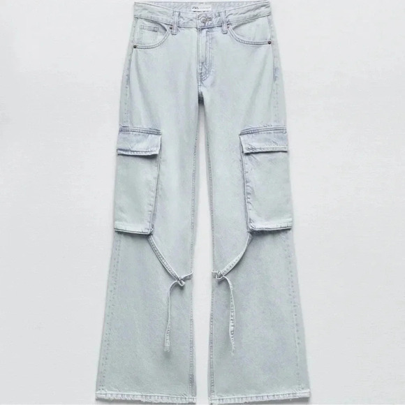 NWT Zara TRF Belt Loop Cargo Jeans Denim 8197/034 in Light Blue Size 25 - Picture 3 of 11